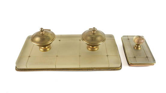 2pc Robert Linzeler Gilt Bronze, Crystal Double Inkwell Desk Set, Rocker Blotter: 2pc. Robert Linzeler Gilt Bronze & Crystal Rocker Blotter and Double inkwell Desk Set c1920. Beautiful etched opaque crystal, floral & beaded gilt bronze. Inkwells have glass inserts. Marked Robert Li