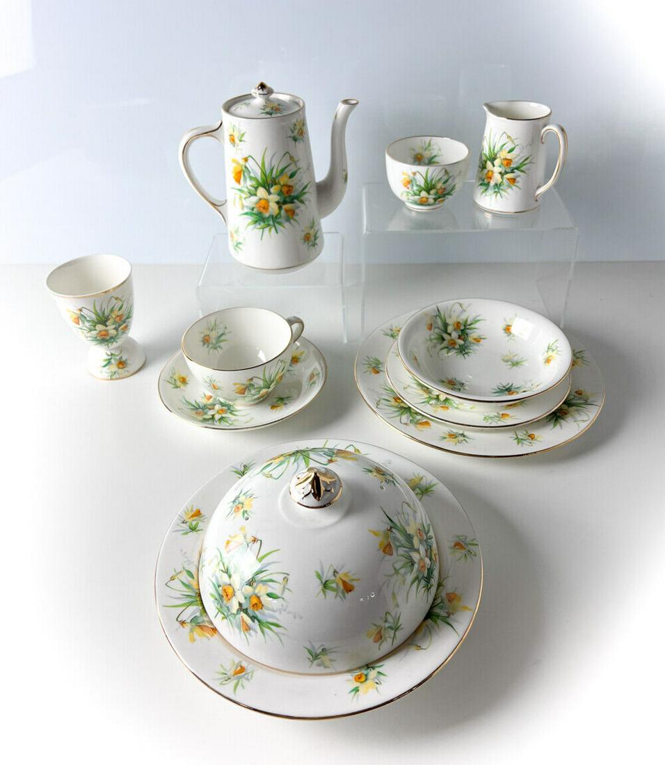 9pc Hammersley Daffodil Covered butter Teapot cream Sugar Egg cup salad bread: 9pc assorted Hammersley Daffoldil Set - Covered cheese / butter dish; egg cup; cup and saucer; fruit bowl; bread plate; salad plate; Individual Coffee pot; individual open sugar and cream pitcher. Flo