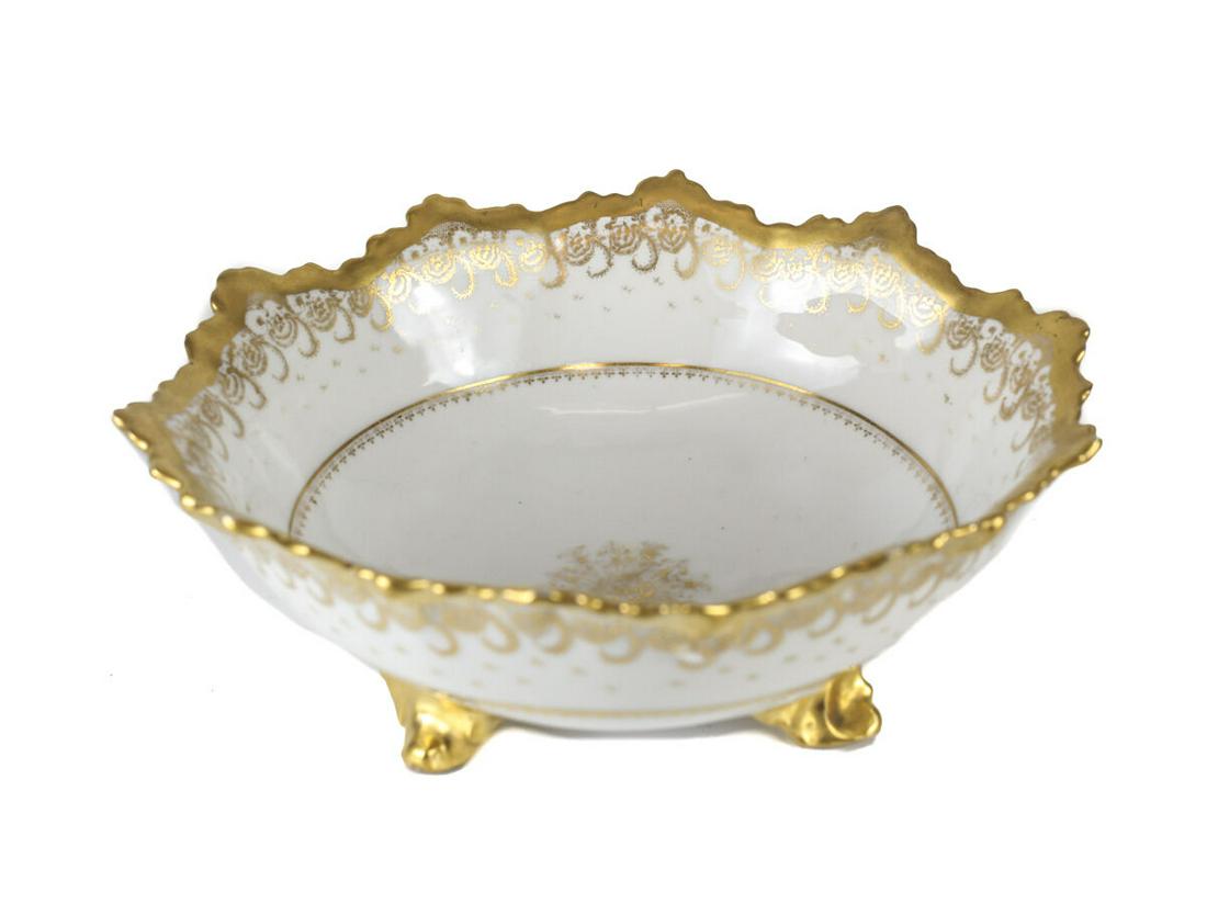 B & H Limoges France Porcelain Gilt Scalloped Rim Footed Centerpiece Bowl c1920 (1 of 3)