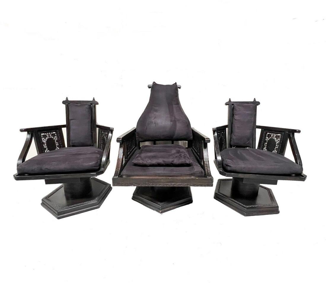 Set of three Moroccan swivel chairs, black painted wood, reticulated (1 of 12)