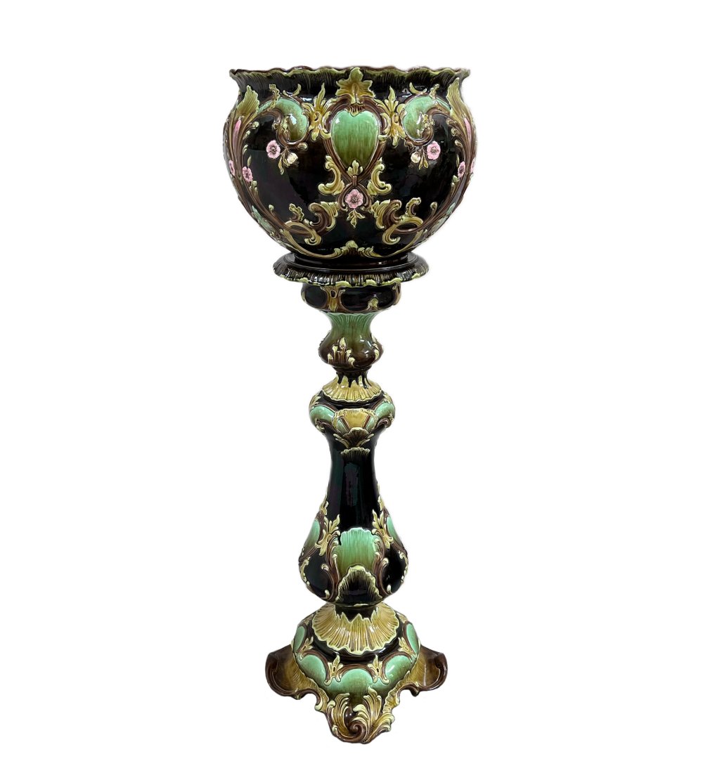 Julius Dressler Art Nouveau Majolica Pottery Jardiniere on Stand: Julius Dressler Art Nouveau Majolica Pottery Jardiniere on Stand, Austria, early 20th century. Blackglaze highlighted with relief decorated white and brown filigree with green foliate scrolls, pink an