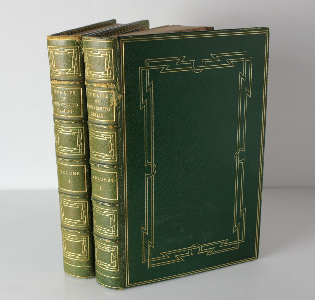The Life of Benvenuto Cellini Written by Himself, Brentano's 1906: The Life of Benvenuto Cellini Written by Himself, edited and translated by John Addington. 2 Vol, Published New York, Brentano's 1906, full green leather with gilt embellishments and title on spine, r