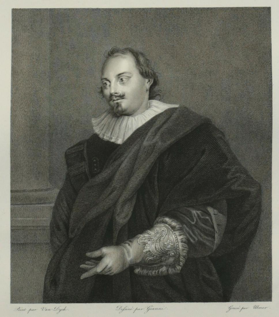 19th Century Engraving Portrait Peeter Steevens Anthony Van Dyck Giani Ulmer: Engraving on paper, Portrait of Peeter Steevens from the original by Anthony Van Dyck. Turned left, dressed in dark cloak. Designer Felice Giani, Engraver Johann Conrad Ulmer. c1804-1811. Unframed. Or