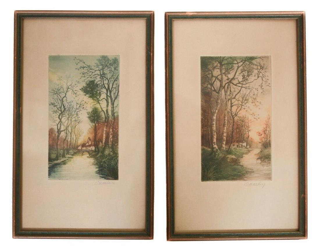 Pair of Continental Landscape Color etching and aquatints signed Charlin (1 of 5)
