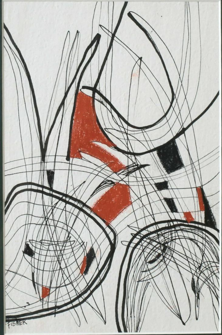 Anya Fisher (1905 - 1992) Ink, crayon drawing on paper Abstract composition: Anya Fisher (1905 - 1992) Pen and Ink, crayon drawing on paper, Abstract composition, signed lower left. Wood frame, glazed. 3lb Anya Fisher is known for her strong, organic, abstracted female forms.