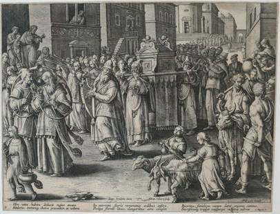 Adriaen Collaert and Theodore Galle Engraving from Encomium Musices 1589: Adriaen Collaert and Theodore Galle after Jan Van der Straet Engraving on paper, Title: The Ark of the Covenant Brought unto His Place; The Levites Singing, from Encomium Musices c. 1589. Trimmed to p