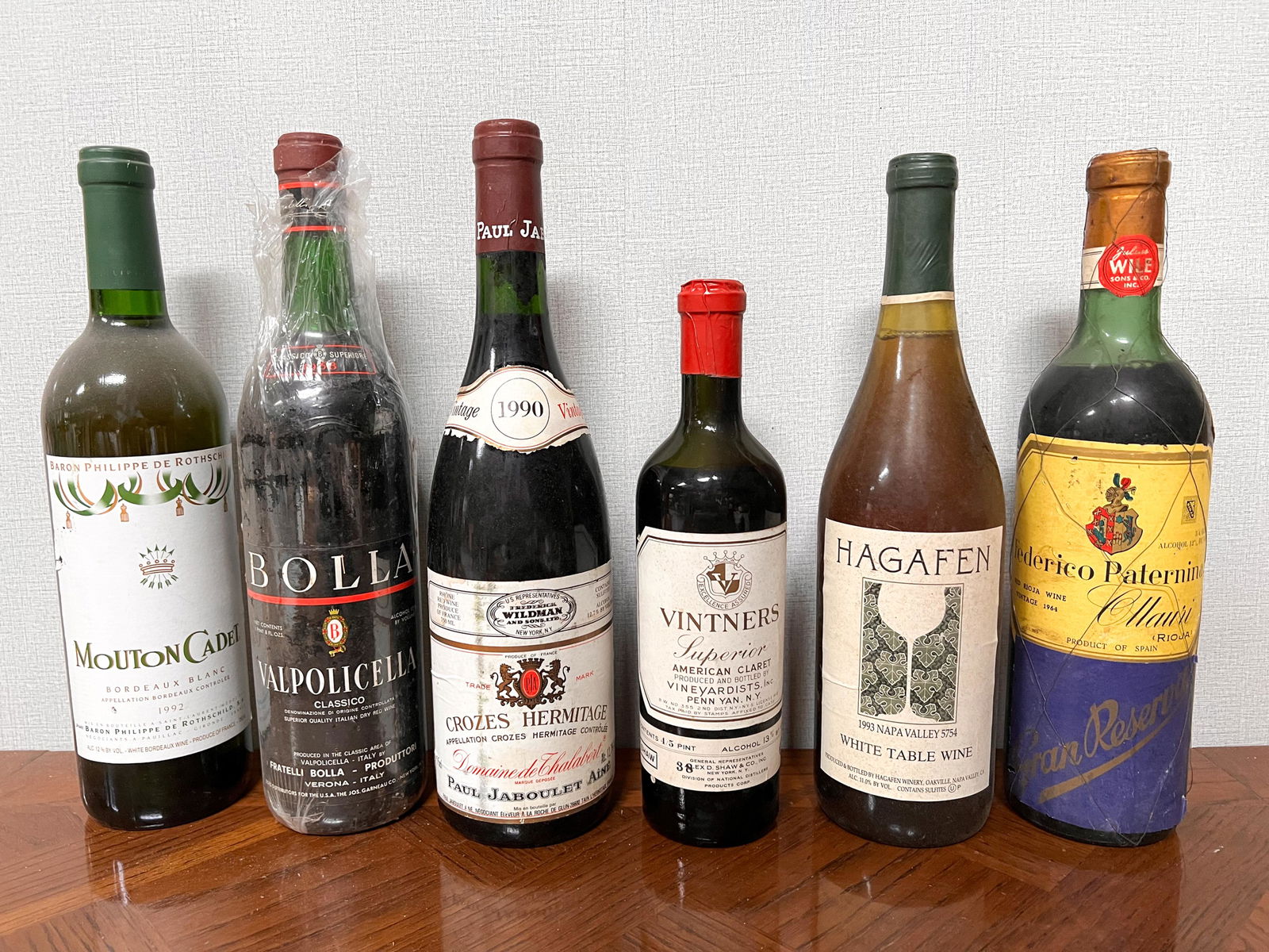 6 Vintage Estate Bottles of Wine Spirits Assorted: Mouton Cadet 1992; Bolla Valpolicella 1968; Crozes Hermitage 1990; Vintners Superior; Hagafen 1993; Federico Paternina 1964