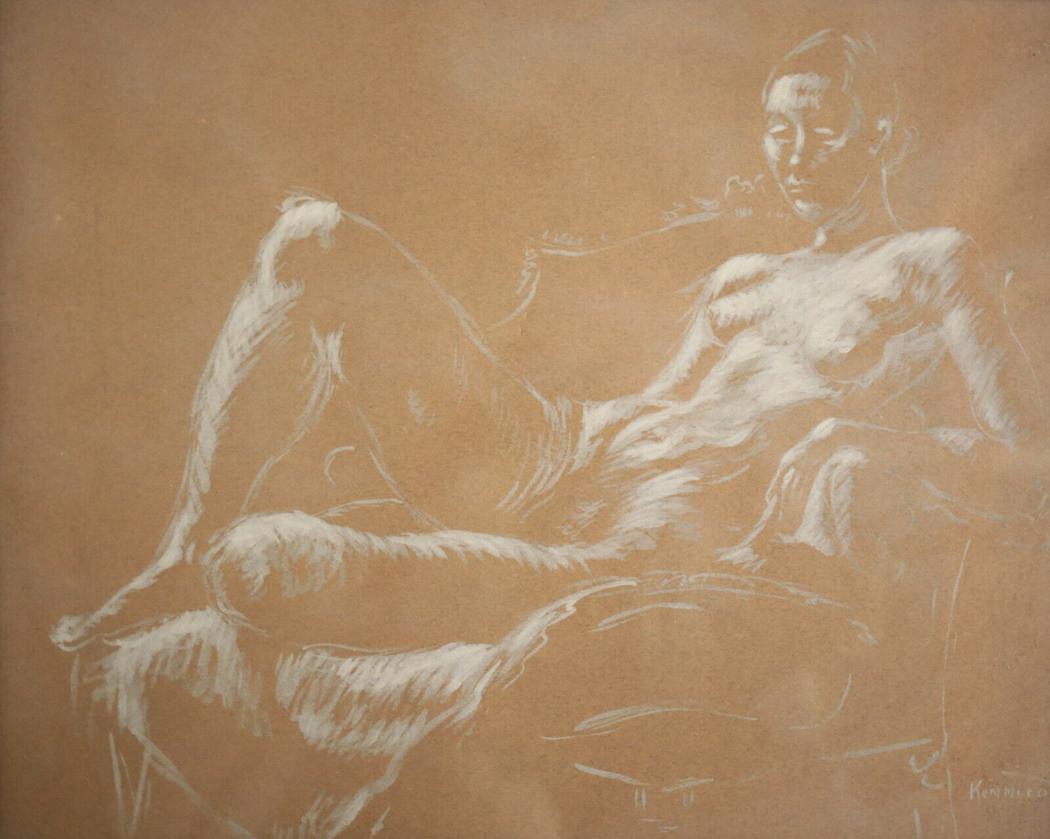 Robert Helm Kennicott (American 1892 - 1983) White crayon on colored paper, Nude: Robert Helm Kennicott (American 1892 - 1983) White crayon on colored paper, Nude female figure reclining. Signed lower right. In wood frame, glazed. 7lbs A physician, Kennicott appears to have settled