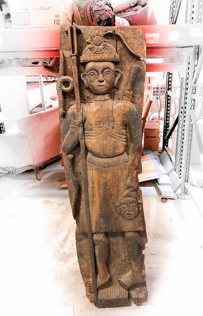Large Hand Carved Wood Panel Tribal Headhunter Warrior Figure: Finely carved figure holding a spear, small head, flanked by snakes. Possibly Naga tribe Approx 40lbs 62.5 x 18.25 x 3.5 inches