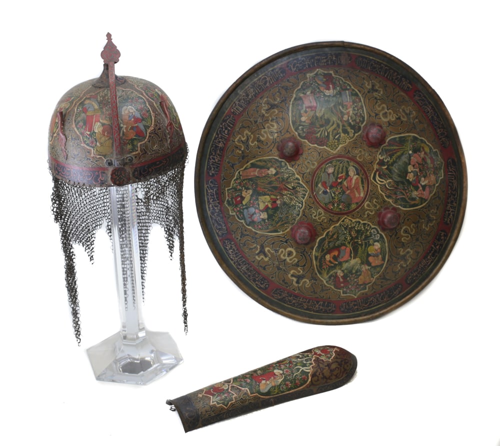 18th - 19th Century Indo-Persian Ceremonial Steel Shield Helmet and arm guard (1 of 11)