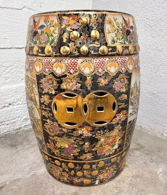 Royal Satsuma Stool Pedestal Plant stand hand painted scenes birds floral (1 of 8)