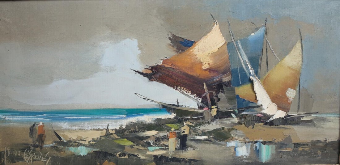 Mario Cespedes, Mid Century Oil painting on canvas, seascape with sail boats: Mario Cespedes, Mid Century Oil painting on canvas, seascape with sail boats on a beach. Signed lower left. Thick impasto paint, in gesso wood frame. 5lbs Approx. Measurements: painting 23.5 x 12; fra