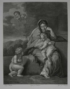 after Sebastien Bourdon 1616-1671 Engraving Vierge avec Jesus et Jean-Baptiste: after Sebastien Bourdon (1616-1671), a 19th century Engraving on paper, title "La Vierge avec Jesus et Jean-Baptiste"; Virgin Mary with Jesus and John the Baptist, Intermediate draftsman Rene Duchemin