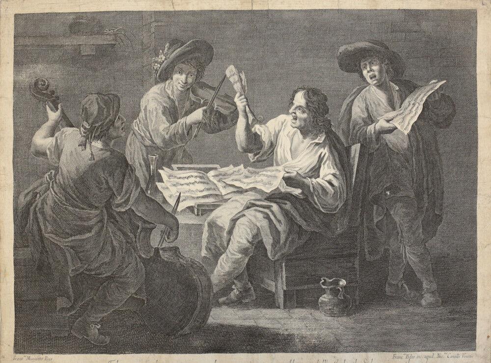 After Francesco Maggiotto (Italian 1738-1805) Engraving on early wove paper: After Francesco Maggiotto (Italian 1738-1805) Engraving on early wove paper, Published by: Nicolo Cavalli in Venice Italy. Based on a poem by Ludovico Ariosto. Group of four musicians. Measures Approx