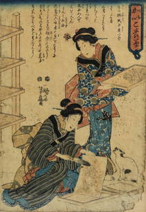 Attr. Kunisada Utagawa (Japanese 1786 - 1865) Woodblock Print Women with Cat: Attributed to Utagawa, Kunisada (Japan 1786-1865) Ukiyo-e Woodblock Print on paper - Two women (making paper) with cat. In a black wood frame. Utagawa Kunisada was the most popular, prolific and finan