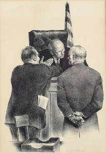 Joseph Hirsch (American 1910-1981) Lithograph, Conference at the Bench 1946 Ltd: Hirsch, Joseph (American 1910-1981) Lithograph, one of 250 limited edition, 1946, signed in pencil, lower right.. 'Conference at the Bench' - intrigue featuring two attorneys conferring with the judge