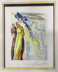 Salvador Dali Woodcut Print , signed Two Circles of Spirits Divine Comedy: Salvador Dali (1904-1989) Woodcut in colors, signed. c1960. TItled, The Two Circles of Spirits, from the Divine Comedy portfolio. Monogram in plate, signed in pencil lower right artist's proof. Gilt w