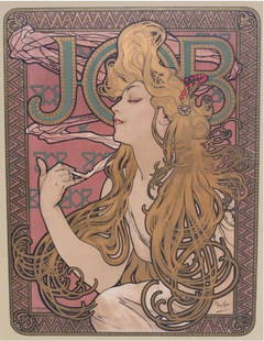 Alphonse Mucha LIthograph in colors, JOB Cigarette Poster 1896: Alphonse Mucha (Czech 1860-1939) LIthograph in colors, JOB Cigarette Poster 1896.The Joseph Bardou Company manufacturers of cigarette advertising poster. This is perhaps one of Mucha's best-known adve