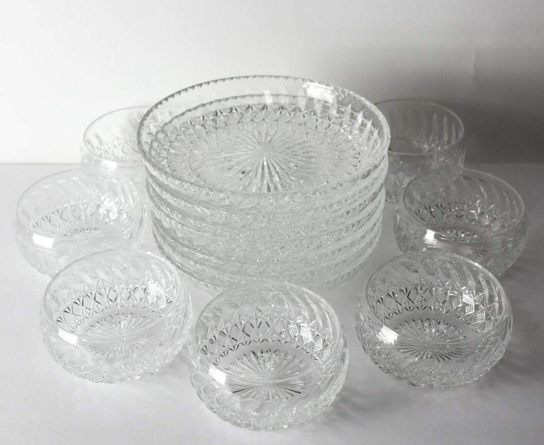7pc Set of Thomas Webb Cut Glass Bowls with Large Underplates c1950-60: 7pc Set of Thomas Webb Cut Glass Bowls with Large Underplates, cross hatch and leaf cuts, c1950. 7 bowls, 7 plates. 17.5lbs Approx. Measurements: bowls 4.25 in diameter at rim x 2.375 in height; under