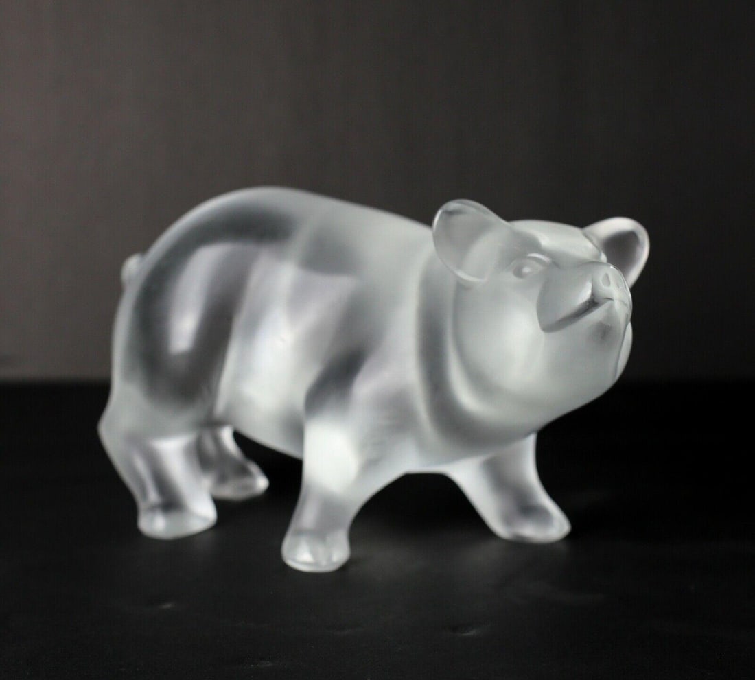 Lalique Art Glass Figural Sculpture, PIG. Delightfully plump pig, nose up: Lalique Art Glass Figural Sculpture, PIG. Delightfully plump pig, nose up. Frosted clear. Makers mark etched on back foot. 2.25lb Measures Approx. 6in.length x 3in.height. Domestic Shipping: $25