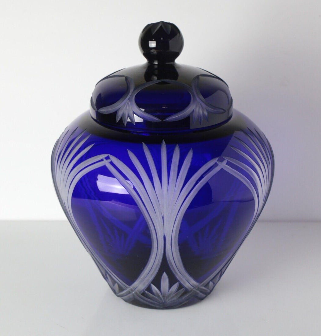 Vintage Hand Cut Cobalt Blue Crystal Ginger Jar AJKA cut to frosted clea (1 of 6)