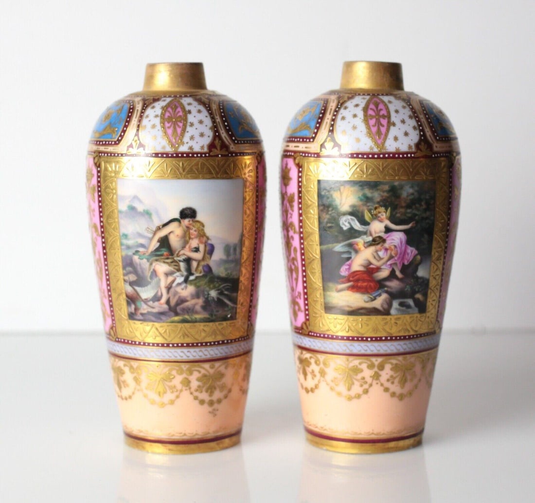 Pair of Royal Vienna Vases, with hand painted mythological courting scenes c1900 (1 of 6)