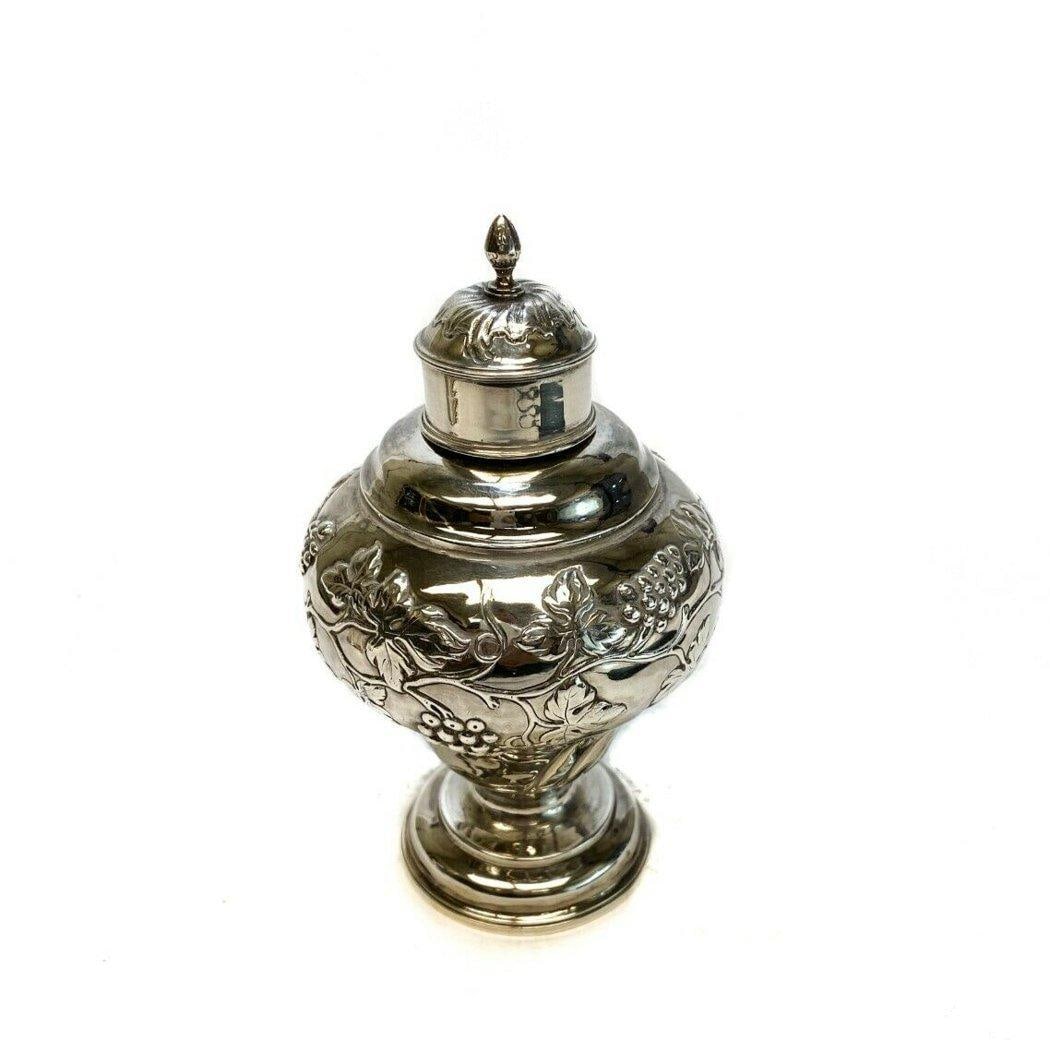 George III London Sterling Silver Footed Tea Caddy 1759 Repousse Grape Vines (1 of 5)