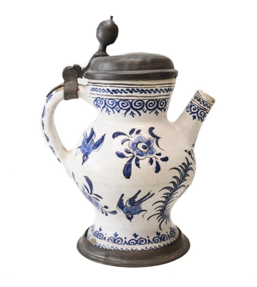 18th century Pewter-mounted Dutch Faience spouted jug, painted blue and white (1 of 7)
