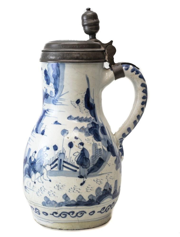 17th - 18th Century Pewter mounted German Faience Tankard, blue and white (1 of 9)