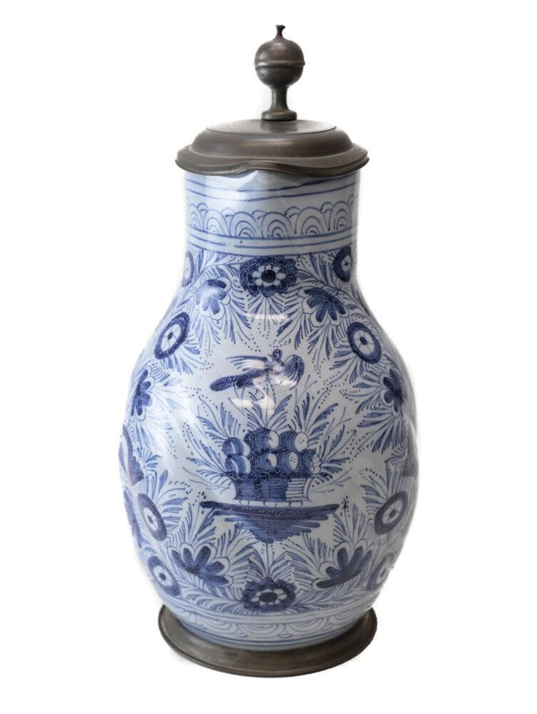 18th century Pewter-mounted Continental Faience Jug, painted blue and light blue (1 of 6)