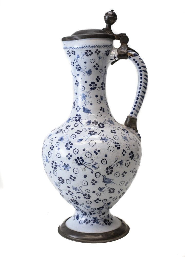 18th Century Pewter mounted Continental Faience Ewer Jug blue and white (1 of 7)