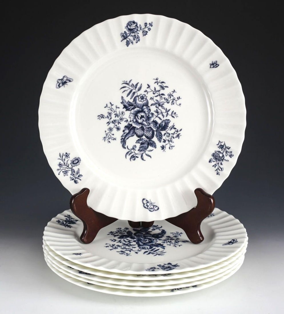 6pc Royal Worcester Blue Spray Dinner Plates, Ribbed White plate, 10 5/8in, Z2817 (1 of 3)