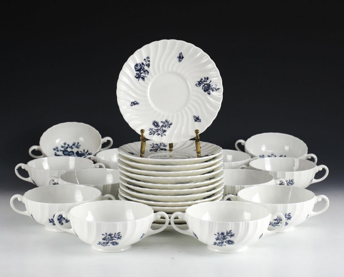 Service for 13 Royal Worcester Blue Spray Cream Soup Bowl & Saucers: Service for 13, Royal Worcester Blue Spray Cream Soup Bowl and Saucers, White plate, swirl fluted rim, blue floral design. 13 bowls, 13 saucers. 12.5lbs. Approx. Measurements: cups 6" x 4.375" x 2", s