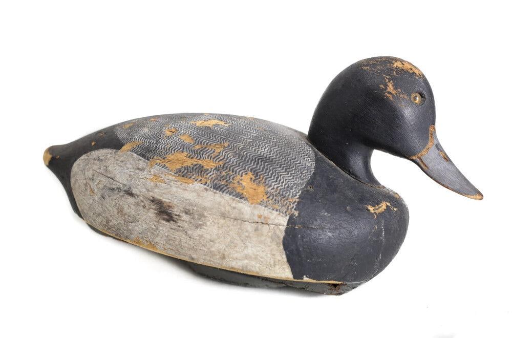 Antique Weighted Wood Duck Decoy, lesser scaup Black and grey patterned decoy (1 of 3)
