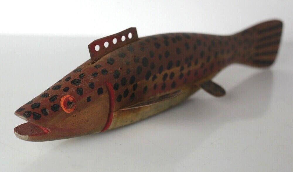Antique folk art Weighted FISH Decoy hand painted wood in shaded browns reds (1 of 5)