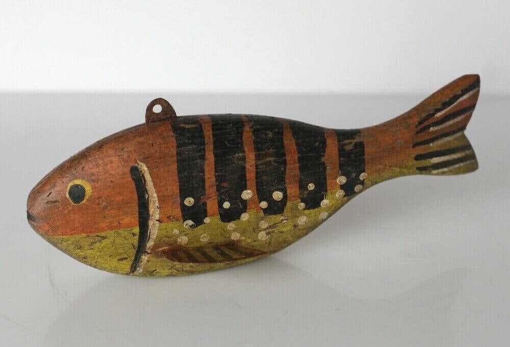 Antique folk art Weighted FISH Decoy hand painted wood in orange green (1 of 4)