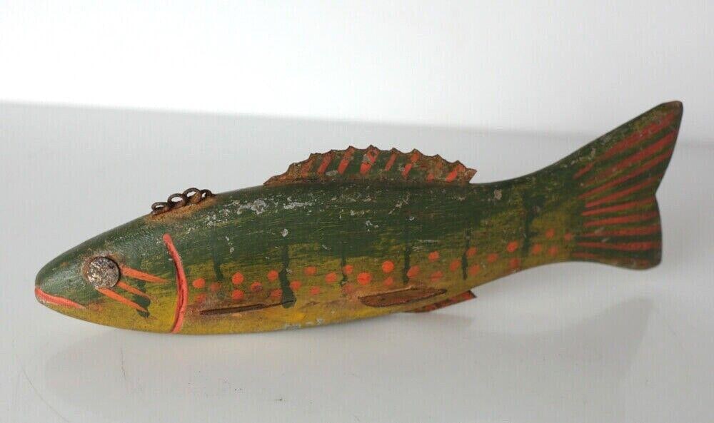 Antique folk art FISH Decoy hand painted wood in shaded greens with orange (1 of 5)