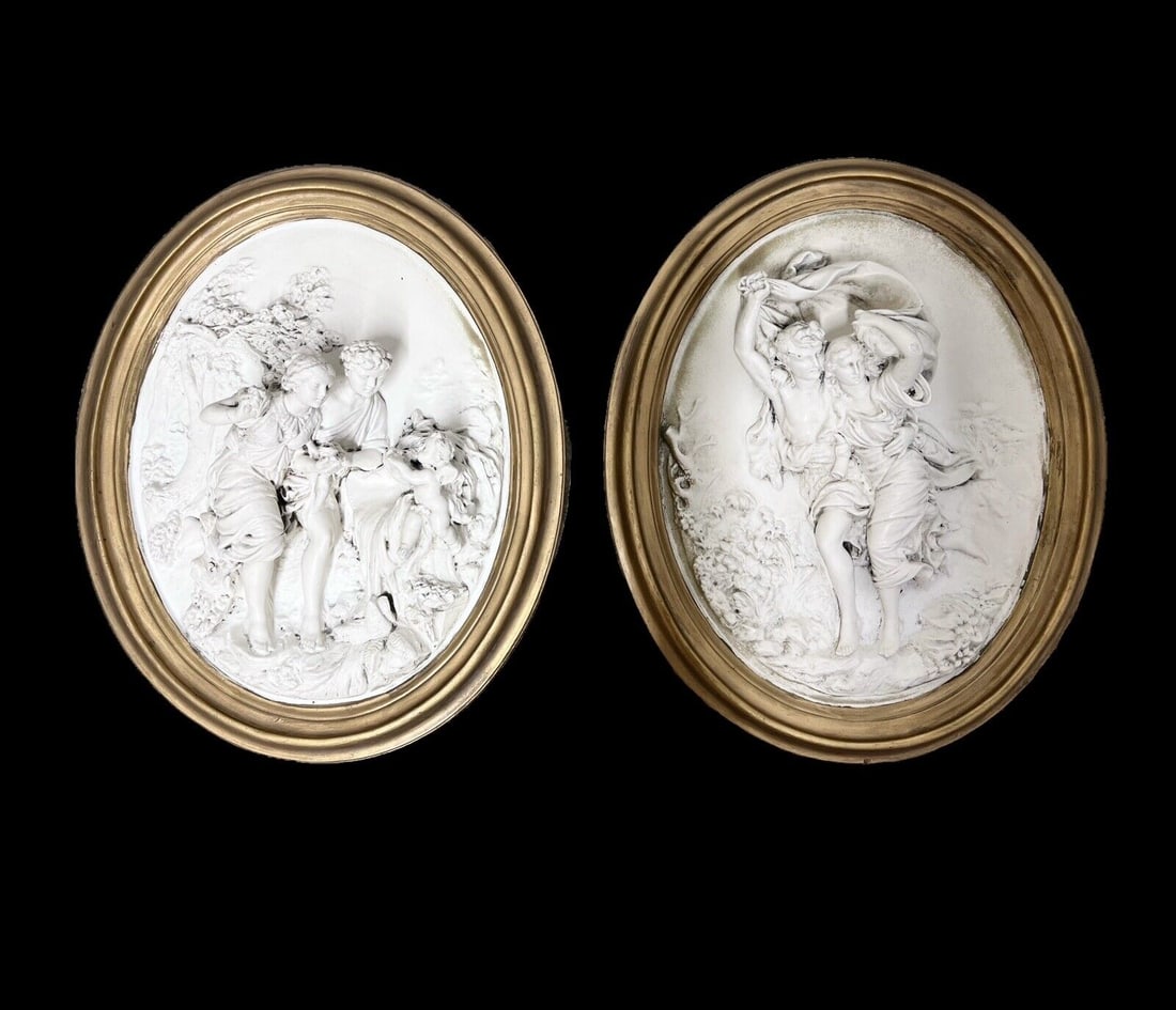 Pair of Large Chalkware Plaques high relief romantic scenes (1 of 11)