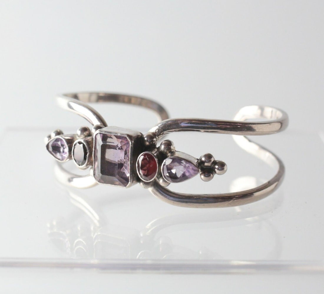 Vintage Amethyst Garnet and Sterling Silver Cuff Bracelet (1 of 6)