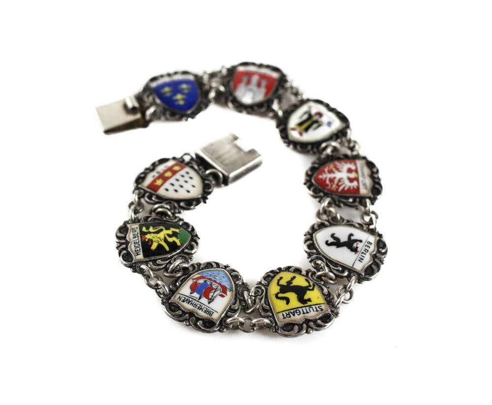 German .800 Silver and Enamel Bracelet city crests Wiesbaden Hamburg c 1950 (1 of 4)