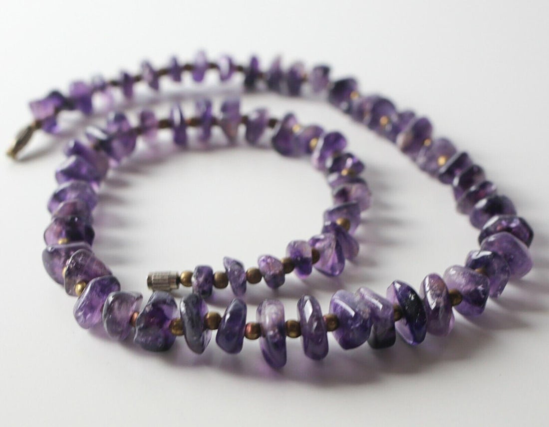 Amethyst Graduated Nugget Beaded Necklace with small brass bead spacers 18 in (1 of 4)