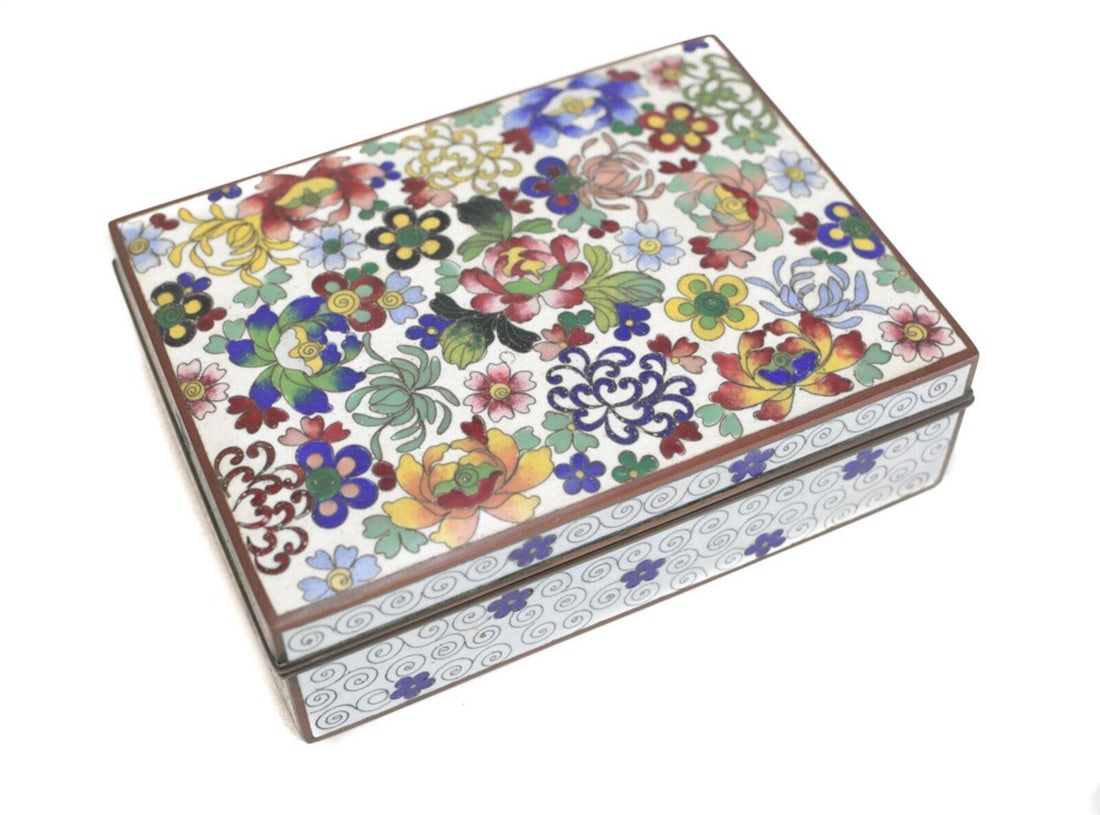 Japanese Yusen-shippo Cloisonne Enamel Box, Silvered Copper. Shaded florals (1 of 3)