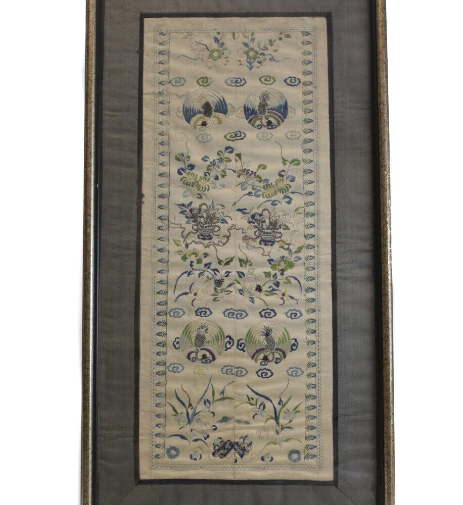 Antique Chinese Silk Embroidered Panel, framed. Off white silk (1 of 4)