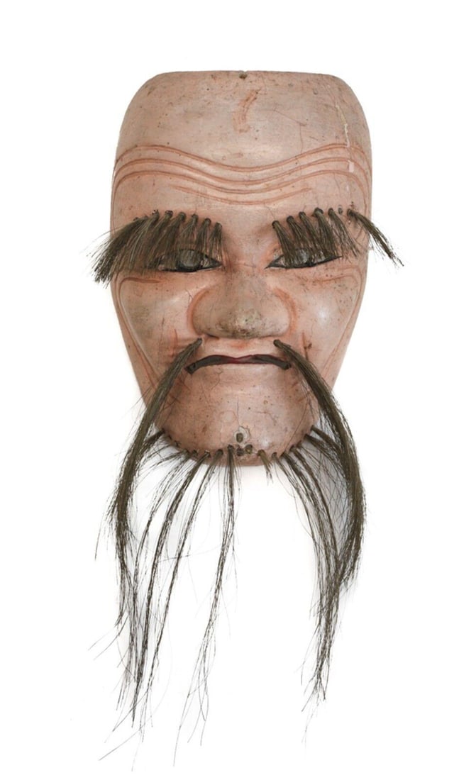 Japanese Noh Mask, Polychrome pigments and gesso over carved wood, animal hair (1 of 3)