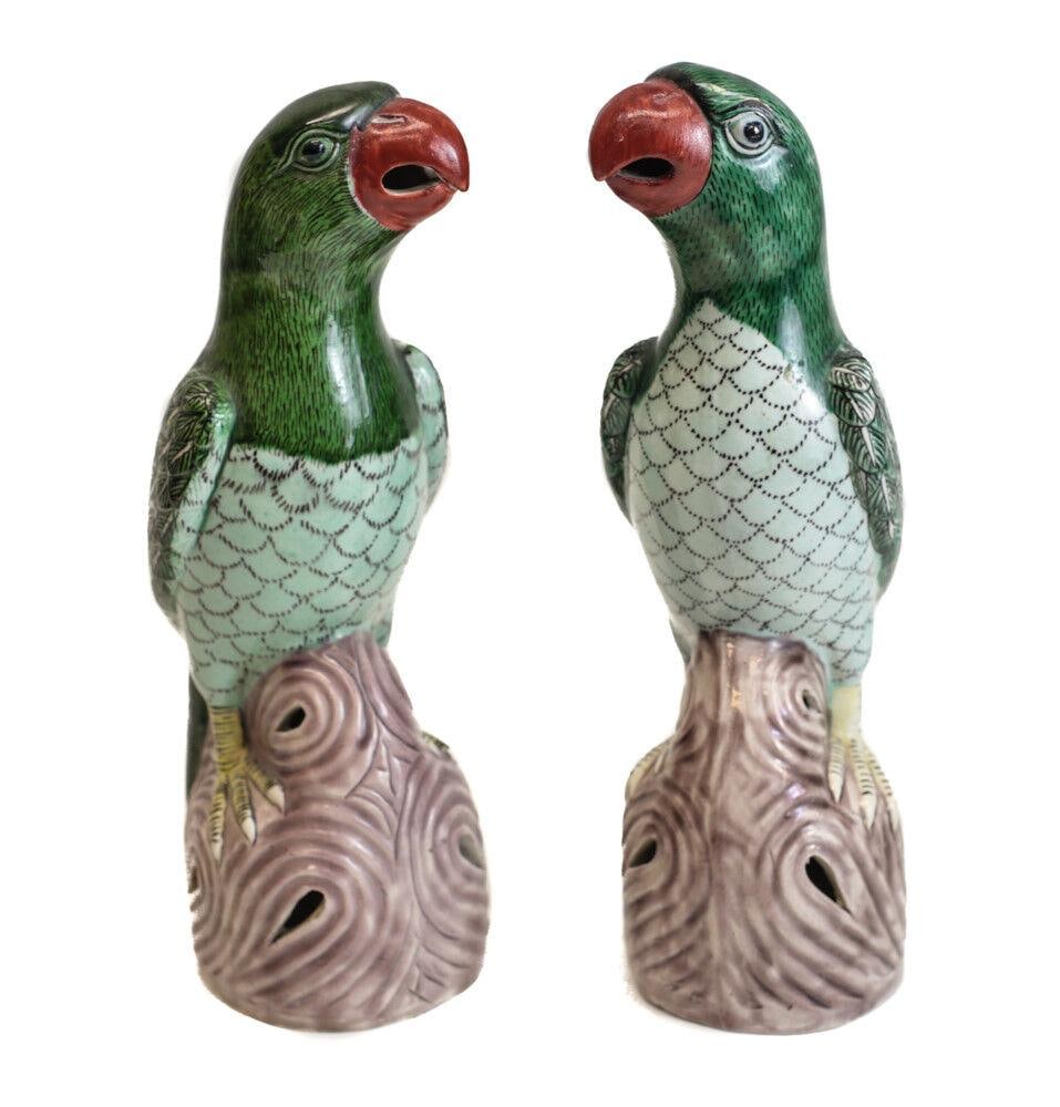 Pair of Chinese Export Famille Verte Pottery Parrots c1910 (1 of 4)