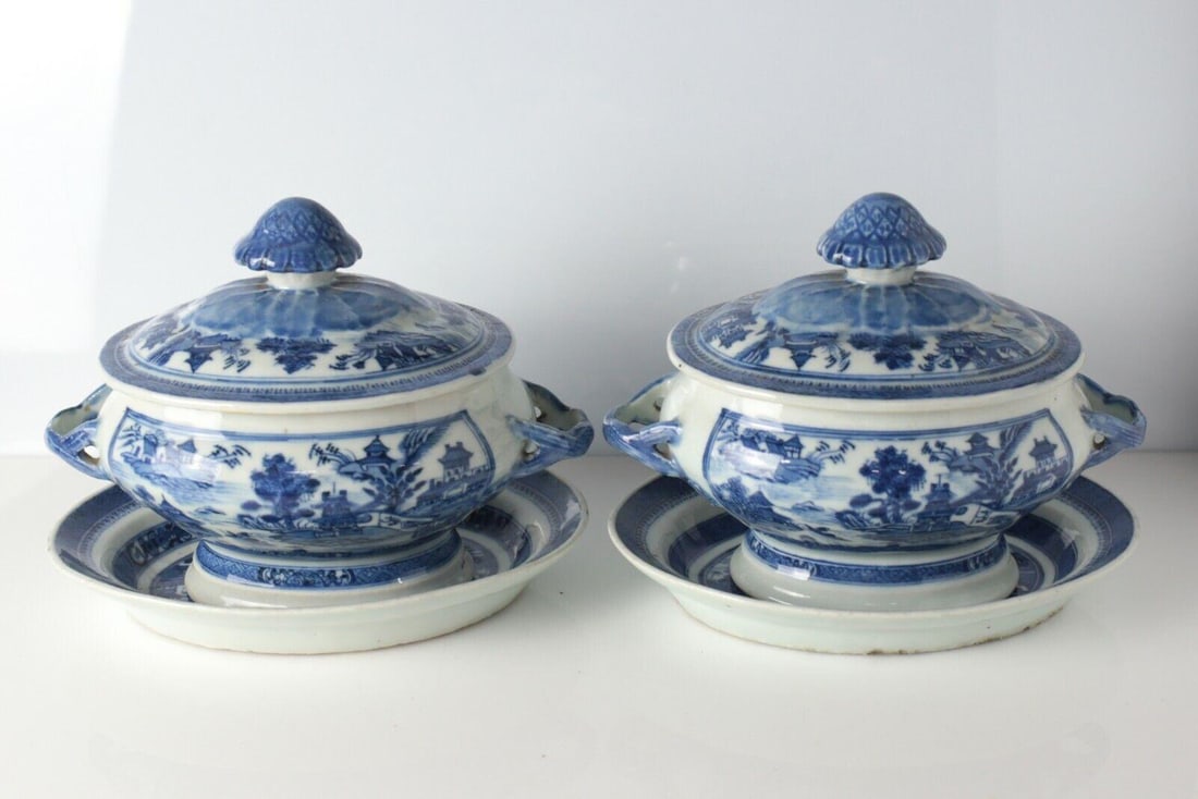 Pair of 19th century Chinese Export Blue Canton Covered Tureens w/ underplates (1 of 8)