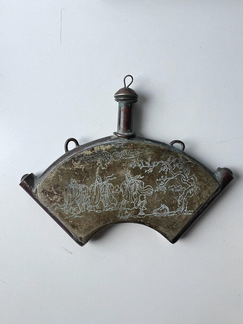Chinese Powder Flask, likely copper and white copper Powder Flask engraved c1900 (1 of 6)