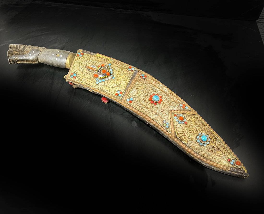 Nepalese Kukri Knife with Carved wood handle Embroidered and Beaded Scabbard (1 of 9)