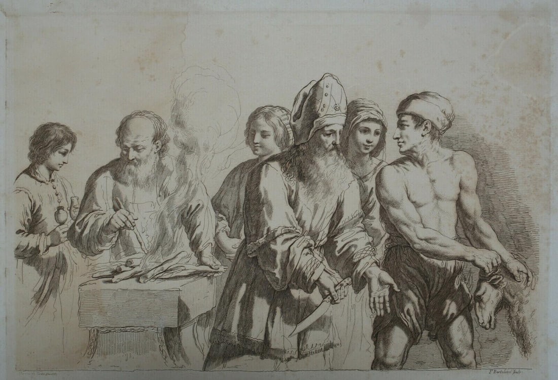 after Guercino Etching by Francesco Bartolozzi High priest to perform sacrifice: Etching in brown ink, High priest about to perform a sacrifice, after Giovanni Francesco Barbieri, also known as Guercino (1591-1666), Etching by Francesco Bartolozzi, Published by John Boydell 1764.