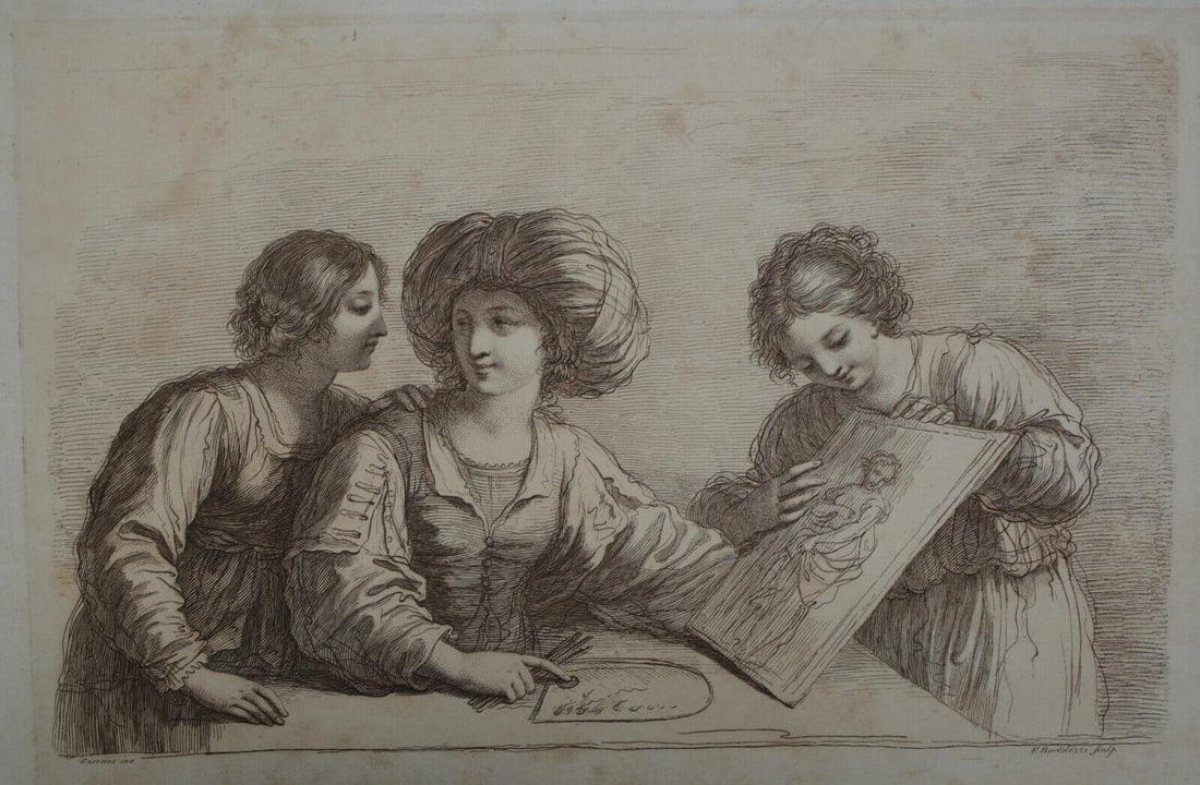 after Guercino Etching by Francesco Bartolozzi Three Women with painting: Etching in brown ink, Three women seated at table, one in turban holds pallet and brushes, after Giovanni Francesco Barbieri, also known as Guercino (1591-1666), Etching by Francesco Bartolozzi, Publi
